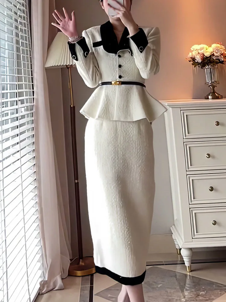 [EWQ] Elegant White Splice Lapel Single Breasted Long Sleeve Contrasting Belt Women's Ruffle Coat Skirt Two Pieces Set 16U6144