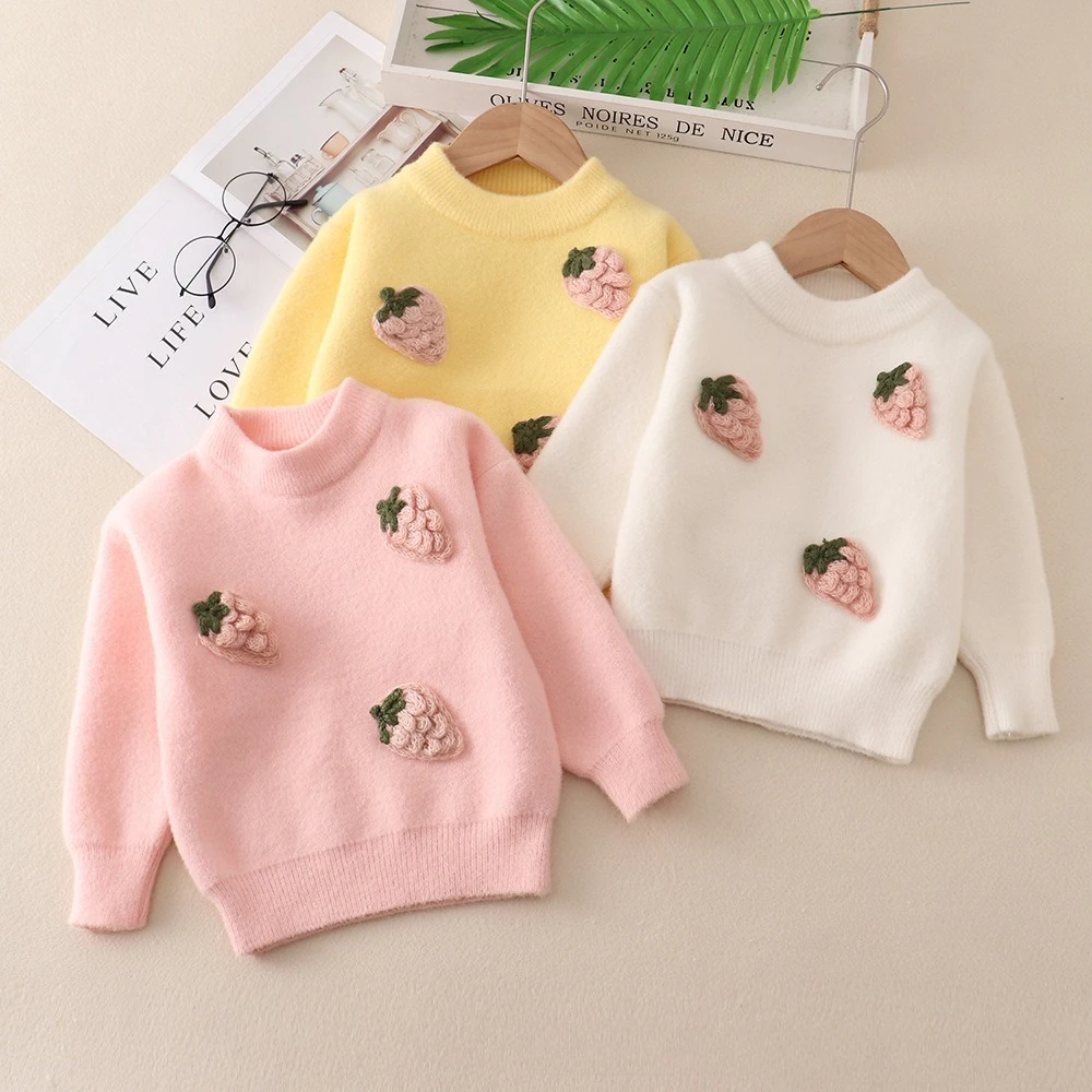 Girls Sweater Knit Bottoming Shirt Fashion Warm Girl New Autumn Winter Strawberry Children's Round Neck Pullover Sweater IY05284