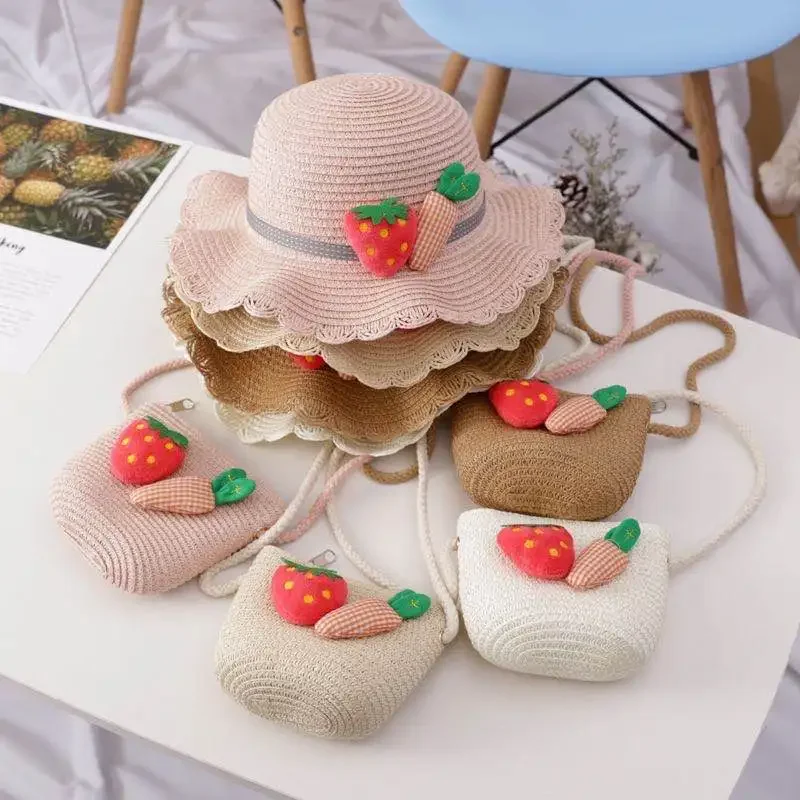 Girls Beach Straw Woven Hat Fashion Petal Brim Strawberry Bag Set Sun Protection Kids Cute Infant Bucket Hats