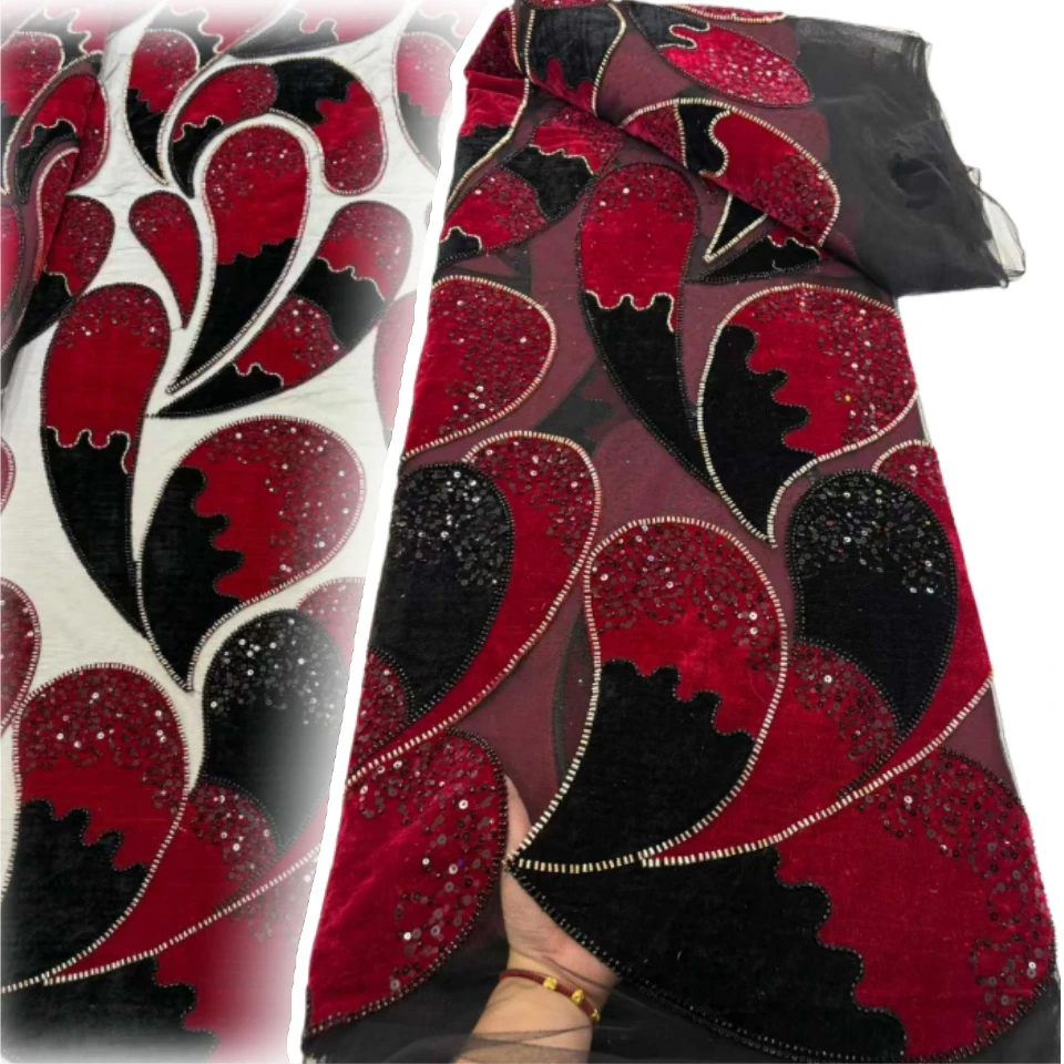 

African Velvet Lace Fabric 2025 High Quality Nigeria Sequins French Velvet Lace Fabric for Party Wedding Dress Sew Cloth AH1801