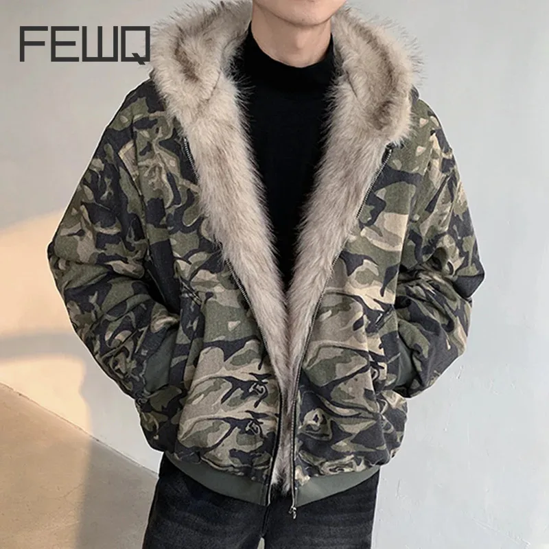 FEWQ Lose Gewaschen Camouflage Männer Baumwolle Jacke 2024 Mit Hut Kontrast Farbe Langarm Casual Männlichen Tops Mode 24E2840