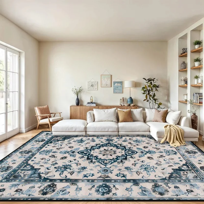 VIKAMA Bohemian Living Room Rug, Non-Slip and Stain-Resistant Entrance Hall Mat, Tea Room and Bedroom Carpet, Home Decoration