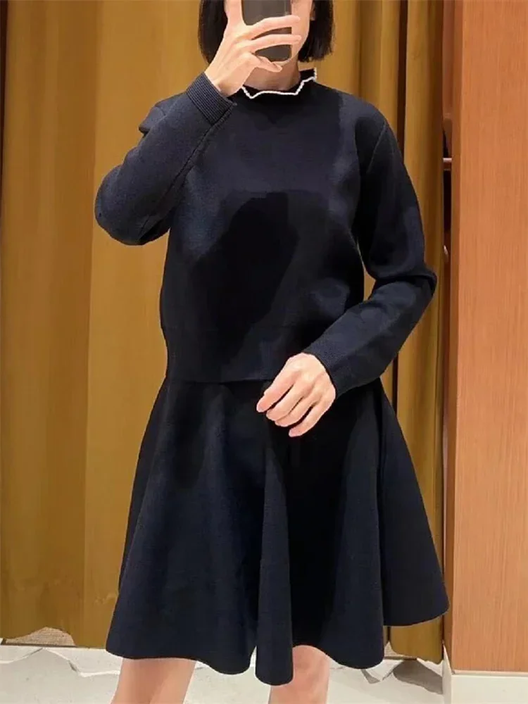 

Women Ruffle Half Turtleneck Knit Sweater Elegant Long Sleeve Knitwear Jumper or High Waist Mini Skirt Suit
