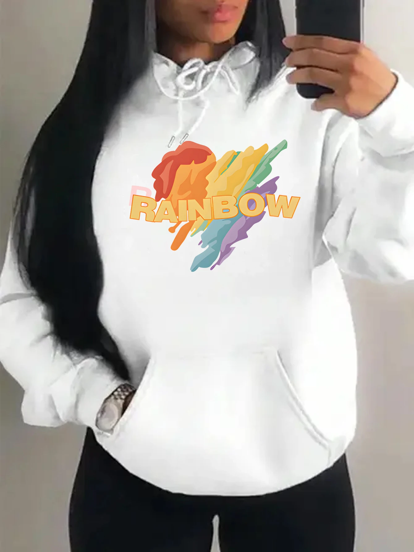 Rainbow Love Colorful Creative Design Design Hoodies Women Pocket Autumn Clothes Fashion Fleece Streetwear Warm Unisex Hoody