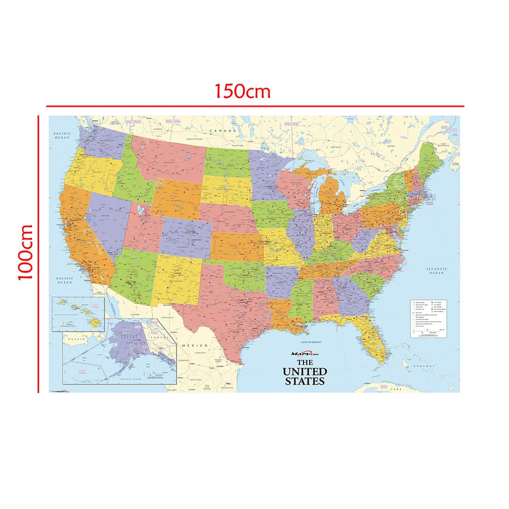 Mapa dos Estados Unidos com detalhes Pintura em tela não tecida Pôster de arte de parede Material escolar Decoração de casa 150 * 100 cm