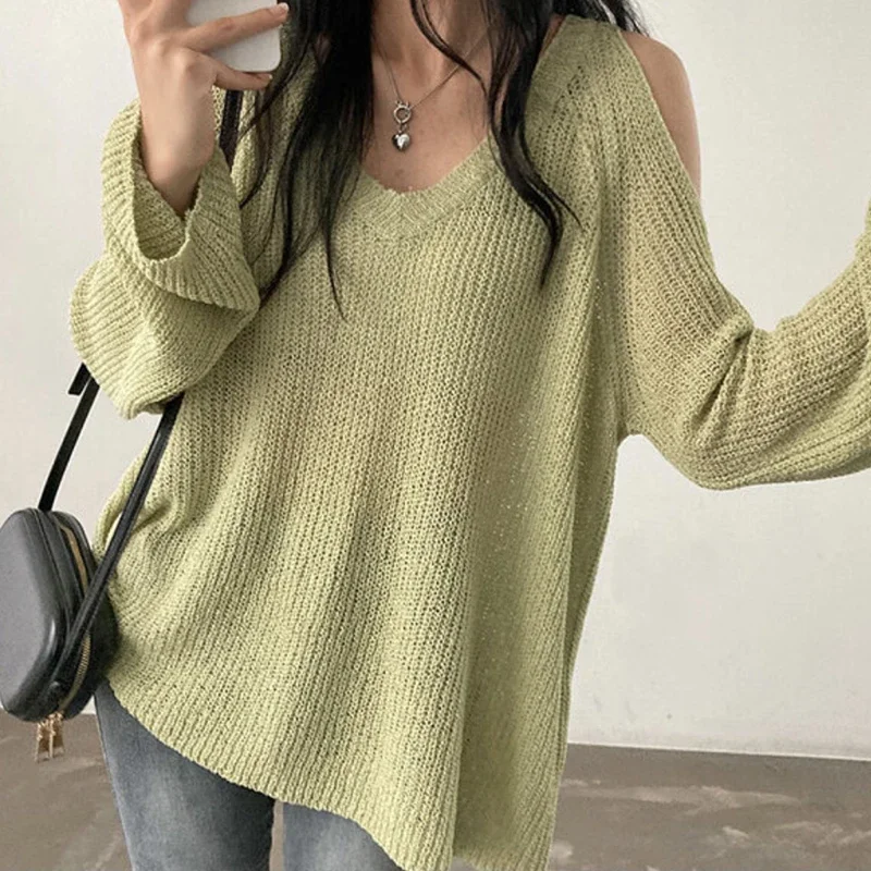 HELIAR Women Hollow Out Off Shoulder Sweater V-Neck Long Sleeve Loose Thin Jumpers Knit Streetwear Top Women 2024 Spring