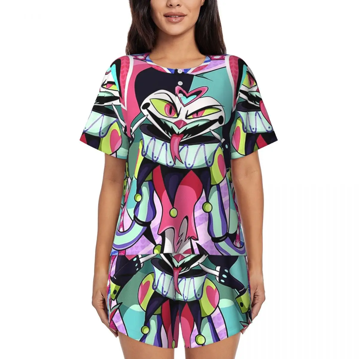 

Fizzarolli Helluva Boss Round Neck Short Sleeves Nightdress for Sleeping Sleepshirts Women Loose Pajama Set Short Pants