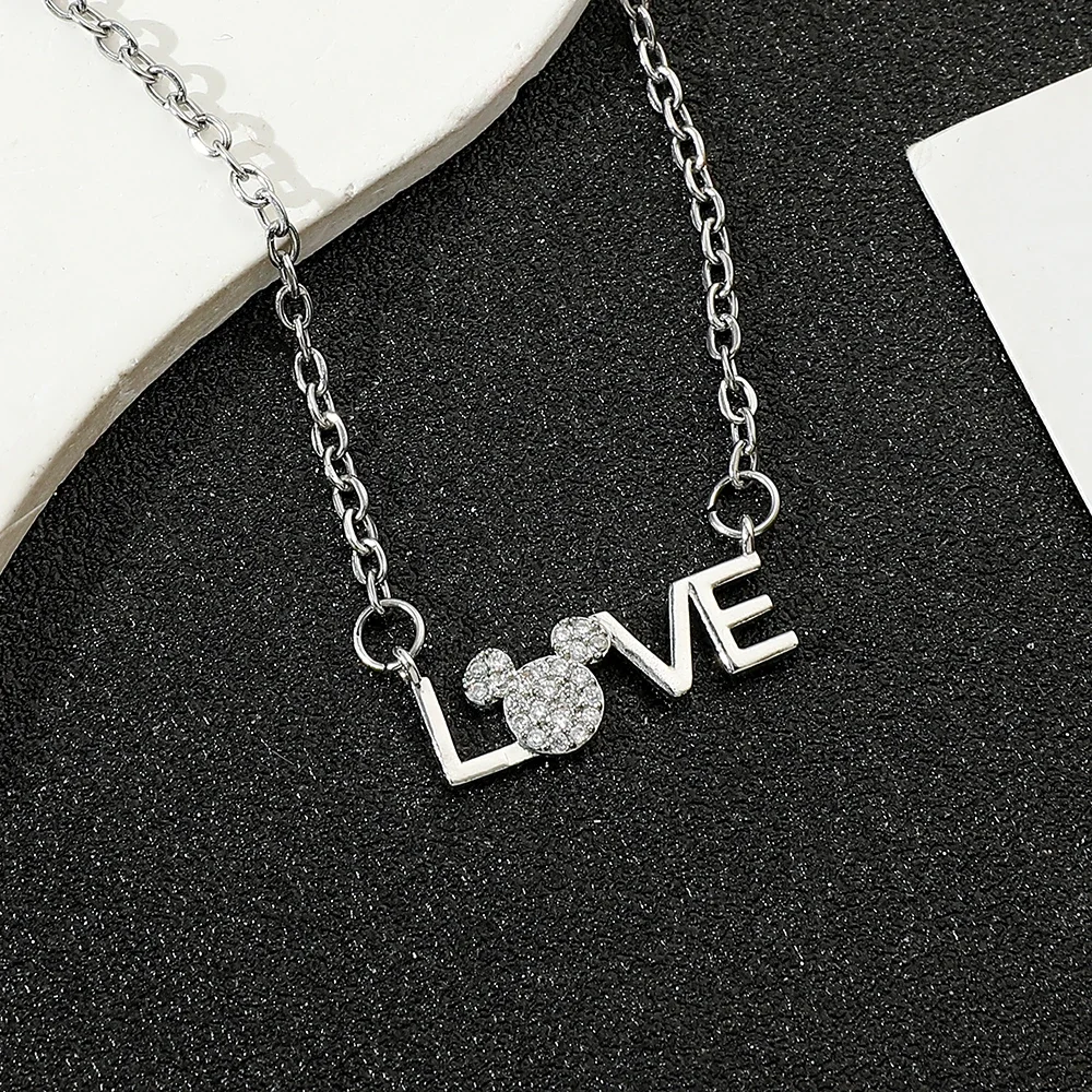 Metal LOVE Mickey Minnie Pendant Necklace Crystal Romantic Women Clavicle Choker Collar Chain Shine Party Jewelry Accessories