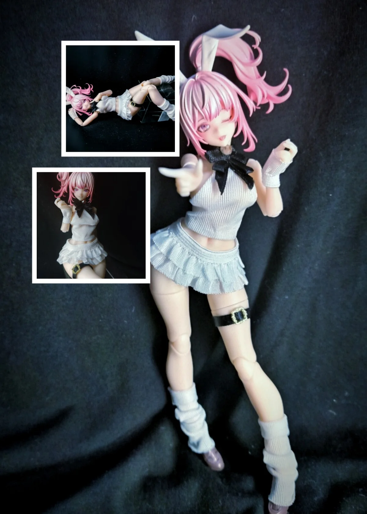 

【Clothing Only】Handmade 1/12 Bow Top Double-layer Pleated Skirt Leg Ring Bunny Girl Set For 6inchs Snail shell Action Figures