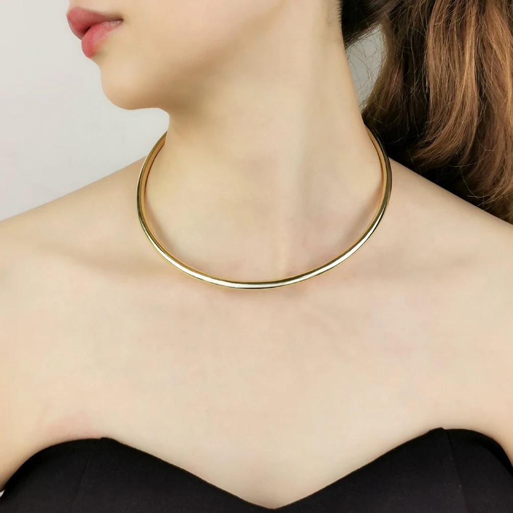 Simple Copper Choker Necklaces Round Chunky Metal Collar Torques Maxi Jewelry For Women Gold Color Fashion Accessories MANILAI