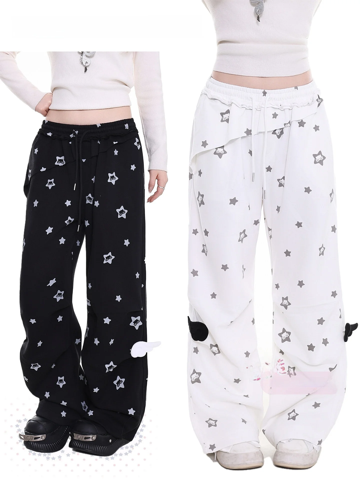 

Новые женские повседневные брюки Star Wing Decoration с широкими штанинами и прямым кроем, свободные, стройнящие, в стиле Sweet Sle Simple