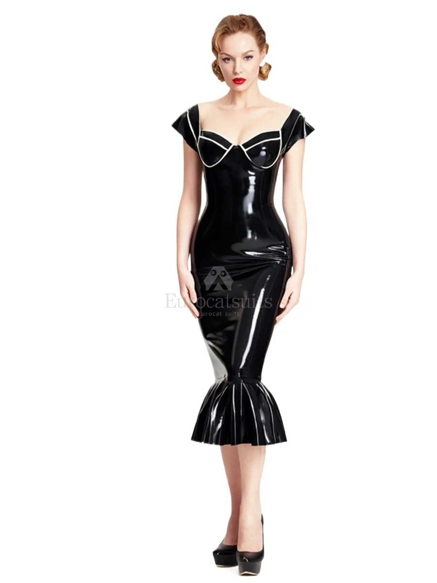 

Black Latex Midi Dress Women Cap Sleeve Off Shoulder White Piping Flared Hem Handmade Rubber wear