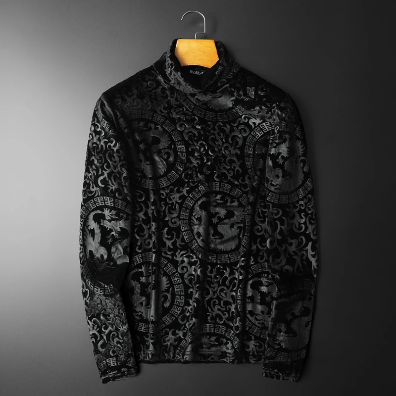 Exquisite Pattern Carved Casual Turtleneck Long Sleeved T-Shirts Winter High Quality Velvet Men Clothing Smooth Luxury Camisetas