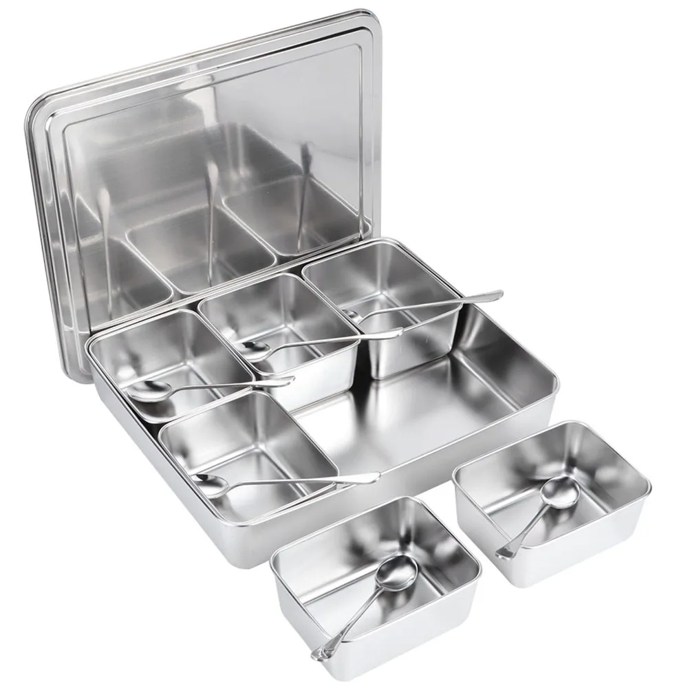 6 Grid Compartments Masala Dabba Spice Container 600ml Per Grid With Lid And Holder Tray Condiment Storage Container With Spoons