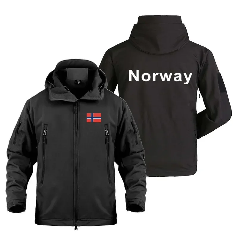 Winter Waterproof Fleece Lined Jackets Men's Safari Softshell Jackets Norway Print Outdoor Hooded Coats Windbreaker