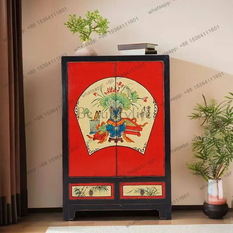 Ming and Qing classical antique old new Chinese hand-painted red and black secret cabinet solid wood elm dining side cabinet