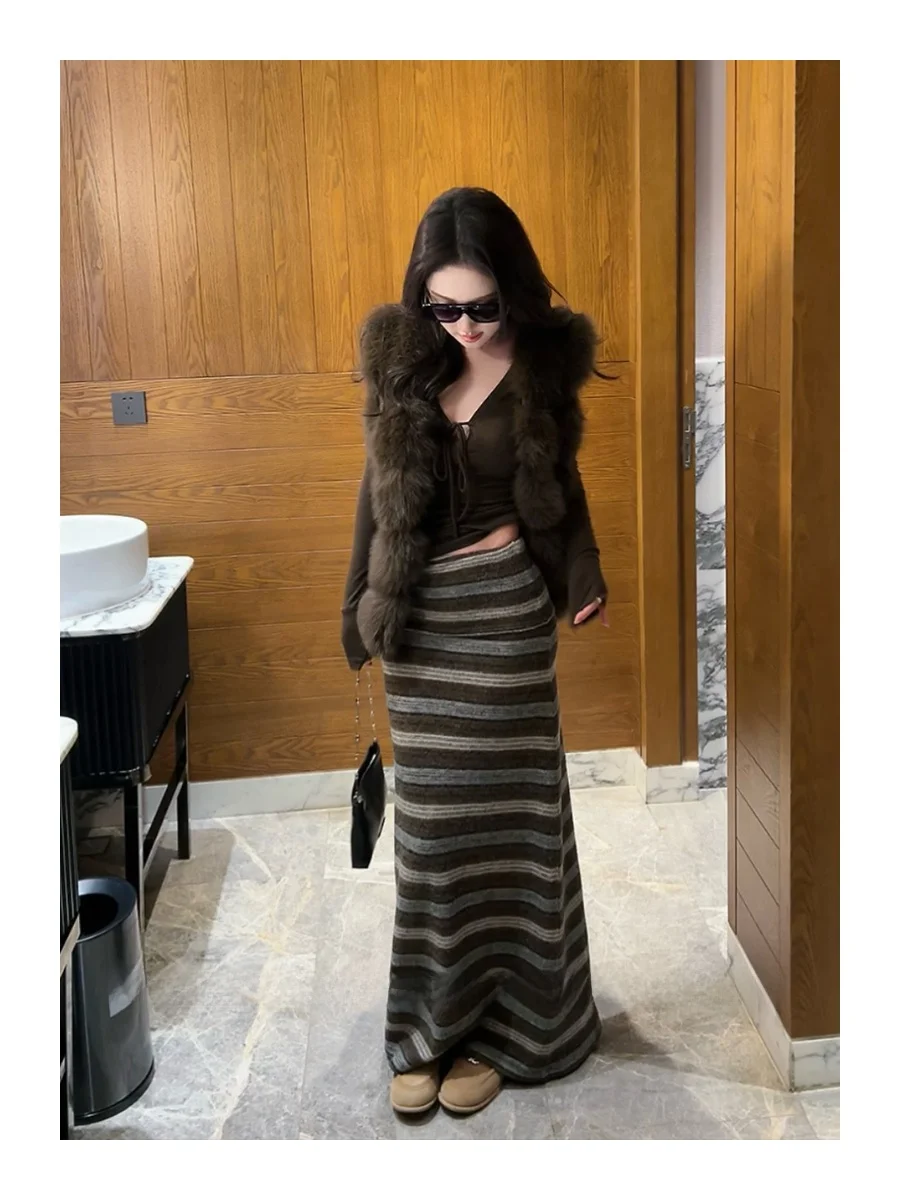 

Elegant PP Winter Fur Vest 5 Grids Eco-friendly PU Leather Versatile High-end Feeling Long Sleeve Short Coat for Women