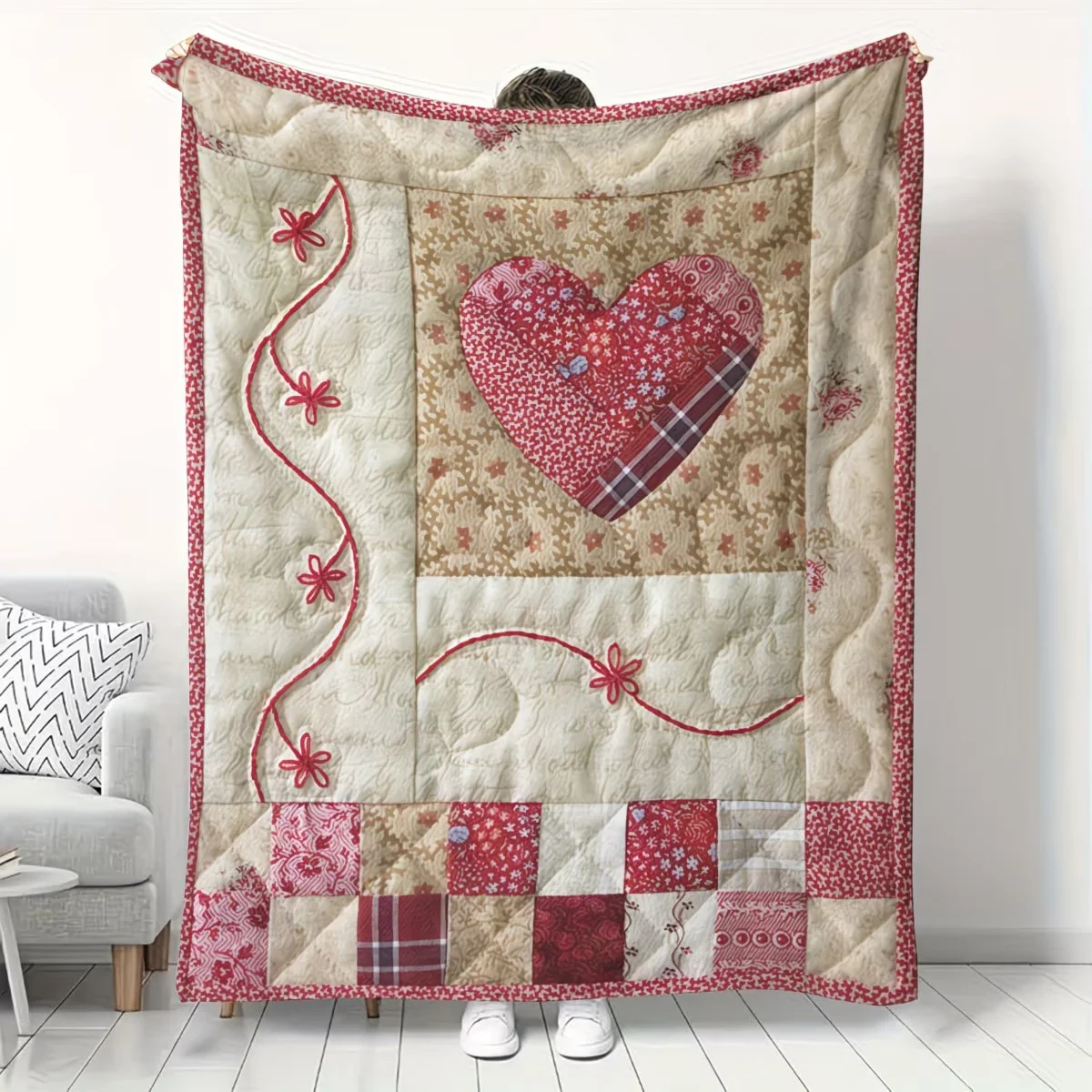 Red Heart Whimsical Art Patchwork Art Theme Blanket Warm Soft Fluffy Fleece Throw Laying Gifts, Bed, Sofa, Office Nap, Shawl