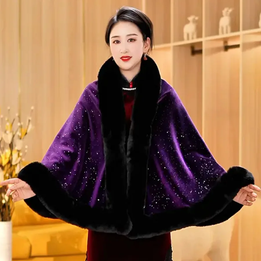 

Women Shinny Sequin Cardigan Shawl Capes Lining Velvet Cloak Winter Thick Warm Big Faux Fur Streetwear Loose Poncho Opera Wrap