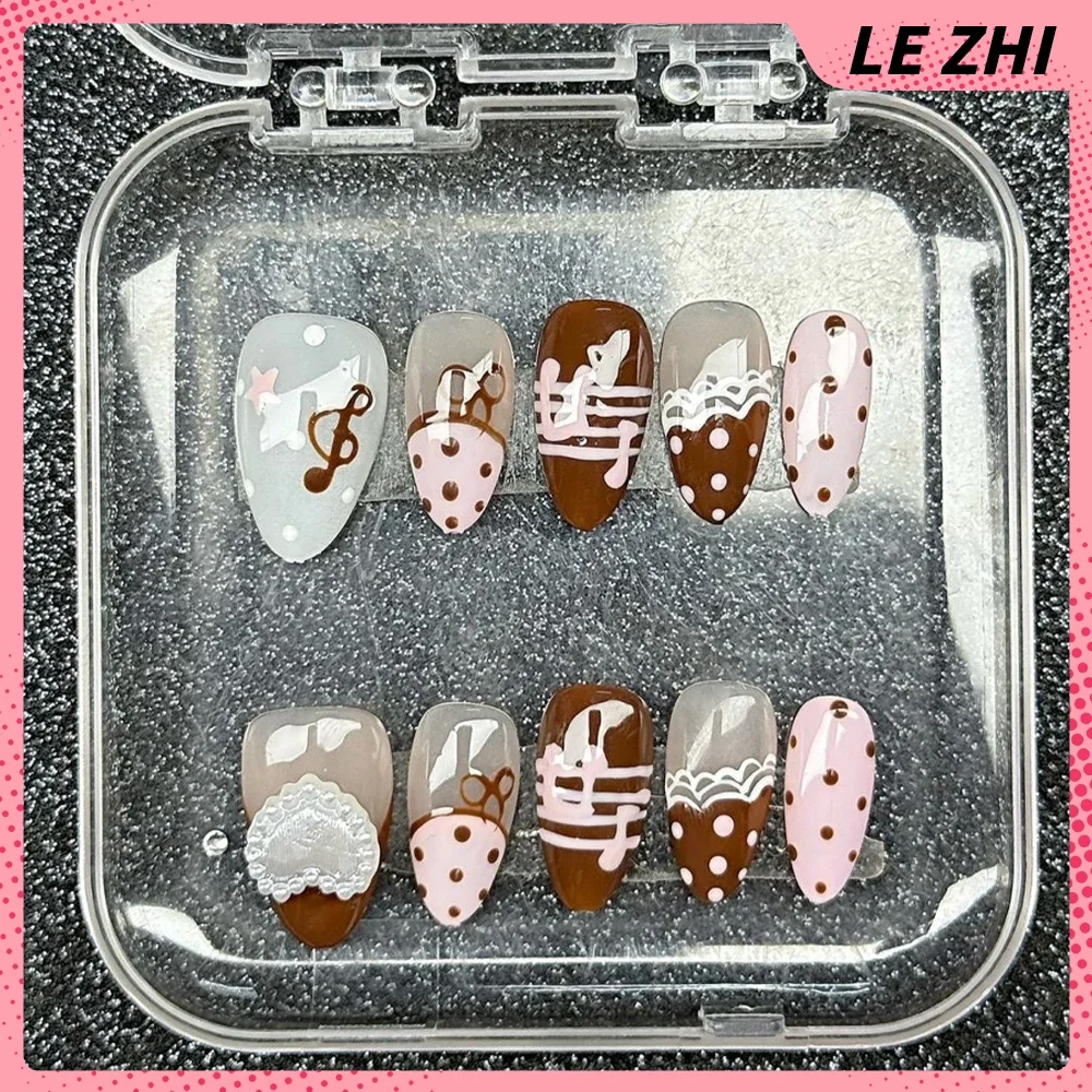 Sweet Cool Handmade Short Ellipse Press On Nails Cartoon Rilakkuma Shining Star Diamond Bowknot Wings Musical Notes Fake Nails