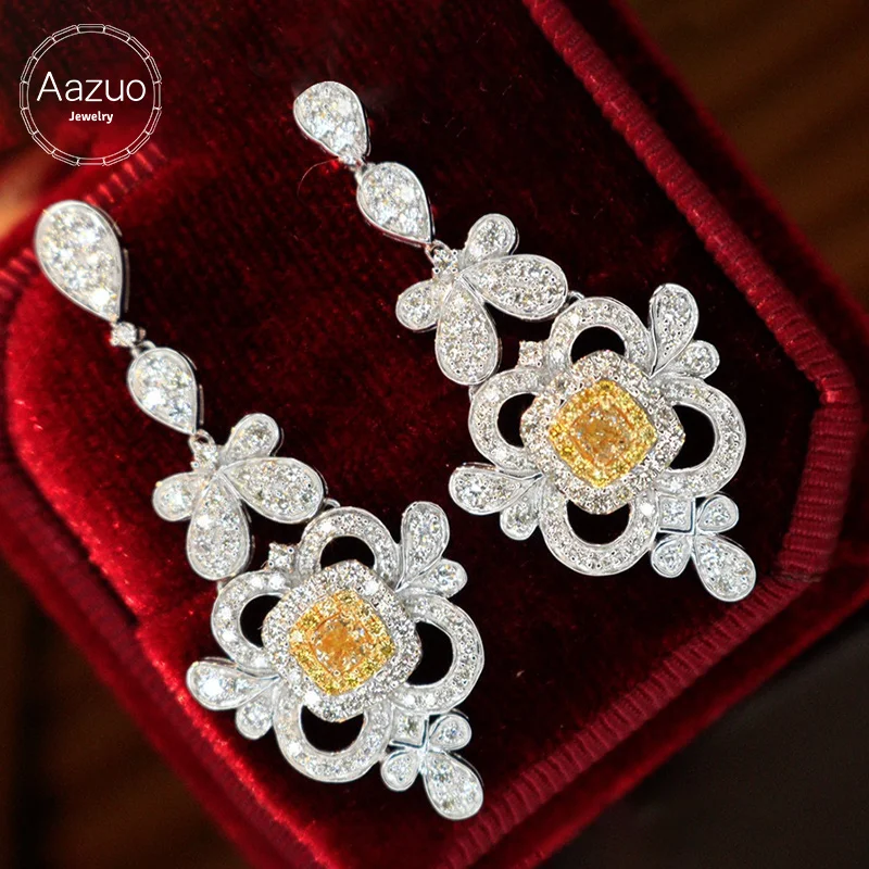 Aazuo High 18K White Gold Real Yellow Diamonds 2.0ct Luxury Drop Earring Gifted For Women Wedding Party Chain Real Gold Au750