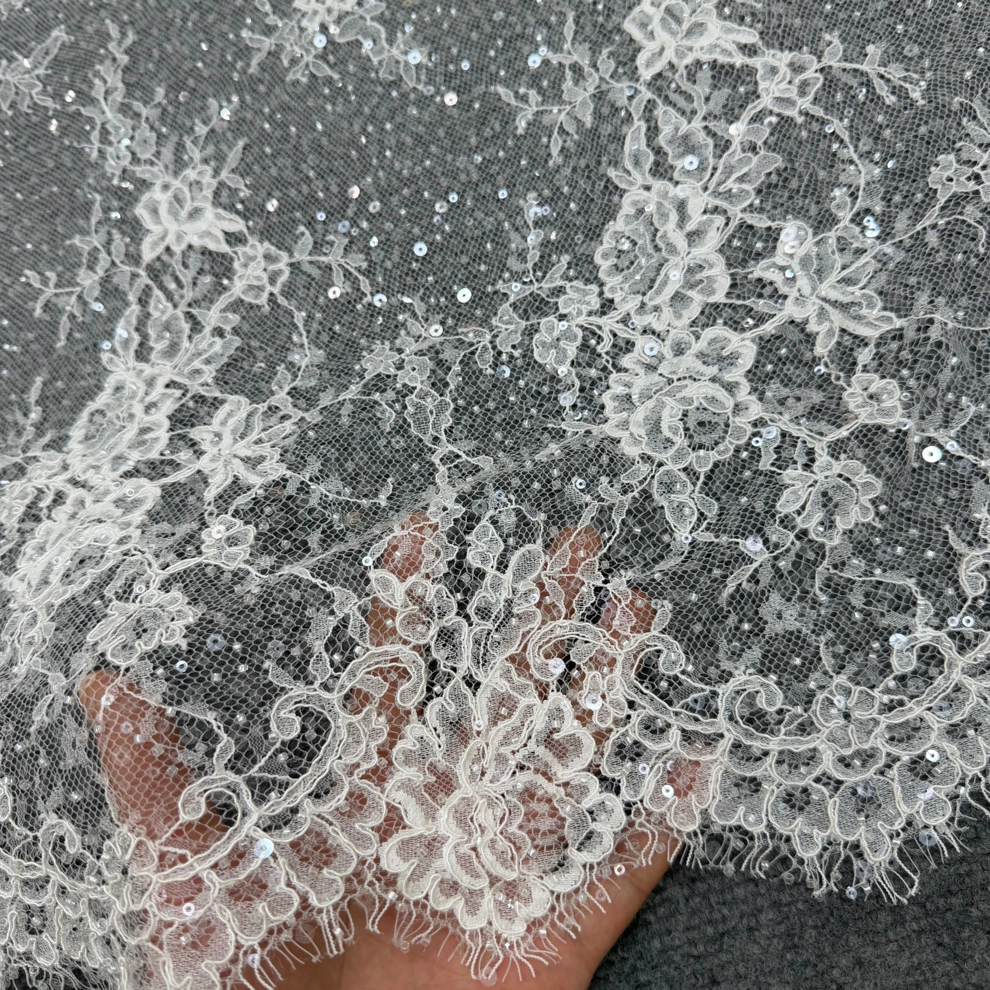 3-meter handmade exquisite sequin beads three-dimensional eyelashes French lace embroidered high-end wedding dress fabric