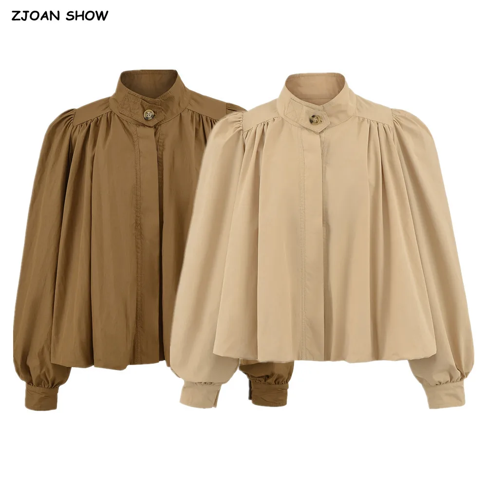 

Осень 2022, плиссированная рубашка с воротником-фонариком и рукавами-фонариками, женская однобортная рубашка на пуговицах, свободная накидка, блузки, хлопковые топы