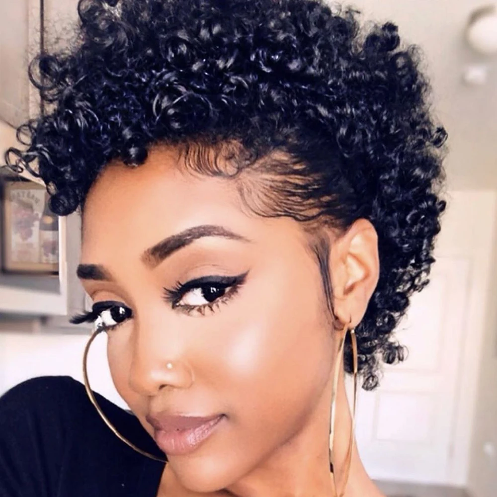 Pixie corte perucas brasileiras virgem remy peruca de cabelo humano para preto feminino curto afro kinky encaracolado máquina feita perucas