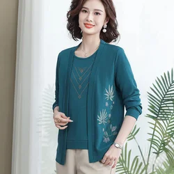 Mid Aged Women Fashion Coat Tops 2024 New T-Shirt @ Embroidered Coat Shawl Two Piece Spring Summer Autumn Outerwear Clothing