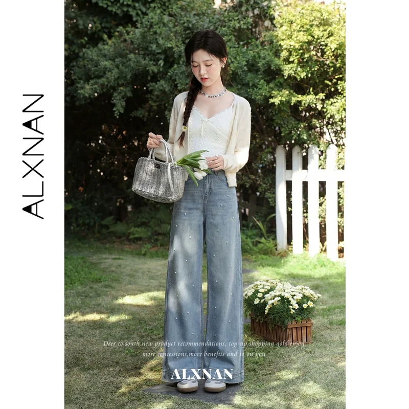

ALXNAN Blue Women's Jeans Summer Elegant Pearl Rhinestone Wide Leg Draped Long Pants Vintage Straight Baggy Denim Pants L63888A