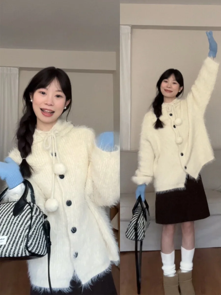 

Мягкий вязаный кардиган-свитер Sweet Soft Fufu Mouton для женщин, свободный утепленный вязаный свитер с капюшоном, осенне-зимняя мода, повседневный стиль