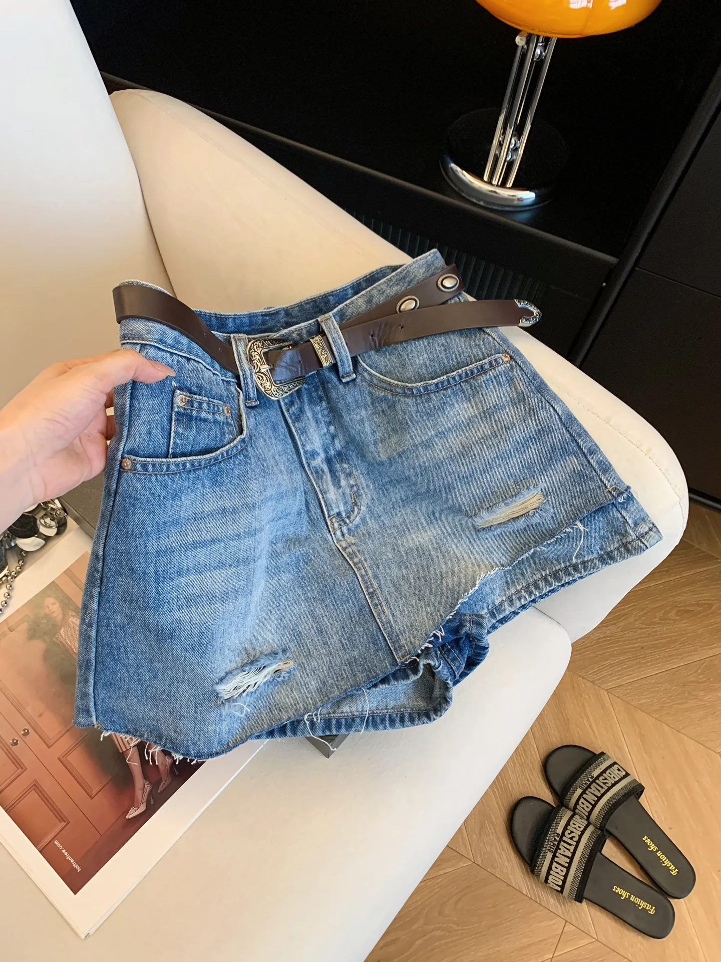 

Blue High Waist A-Line Denim Shorts Women's Summer Versatile Hole Design Half Skirt Pants Retro Style Wide Leg Cotton Jeans