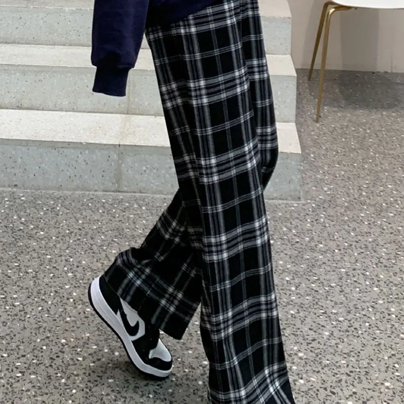 2022 New Vintage Plaid Women Pant High Waist Wide Leg Straight Pant Loose Casual Female Trouser Wide Leg Pant Fashion Streetwear