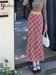 Beiyingni Spring Summer Vintage Midi Skirts for Women Plaid Mesh Slim Elastic Waist Y2K Long Skirt Girls Pink Sweet Chic Faldas