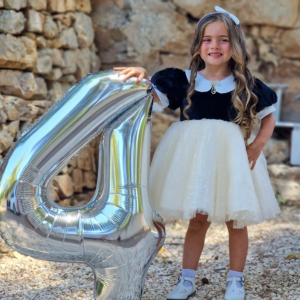 Vestido de flor em patchwork para meninas, manga curta, arco vintage, vestido de aniversário infantil