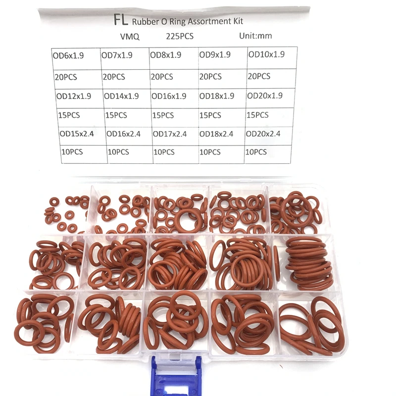 225pcs O Rings Silicone VMQ Seal Sealing O-Rings Silicon Washer Rubber Oring Set Assortment Kit Set Box Red Ring