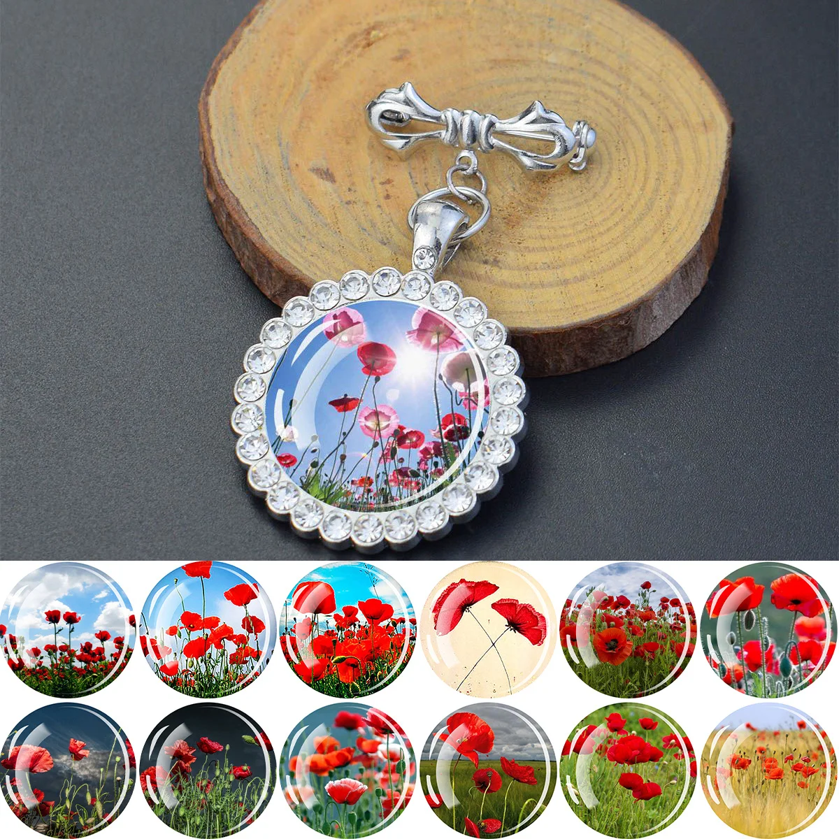 1PC Flower themed poppy patterned circular glass brooch with synthetic zircon trim, ideal for holiday parties and birthday gifts
