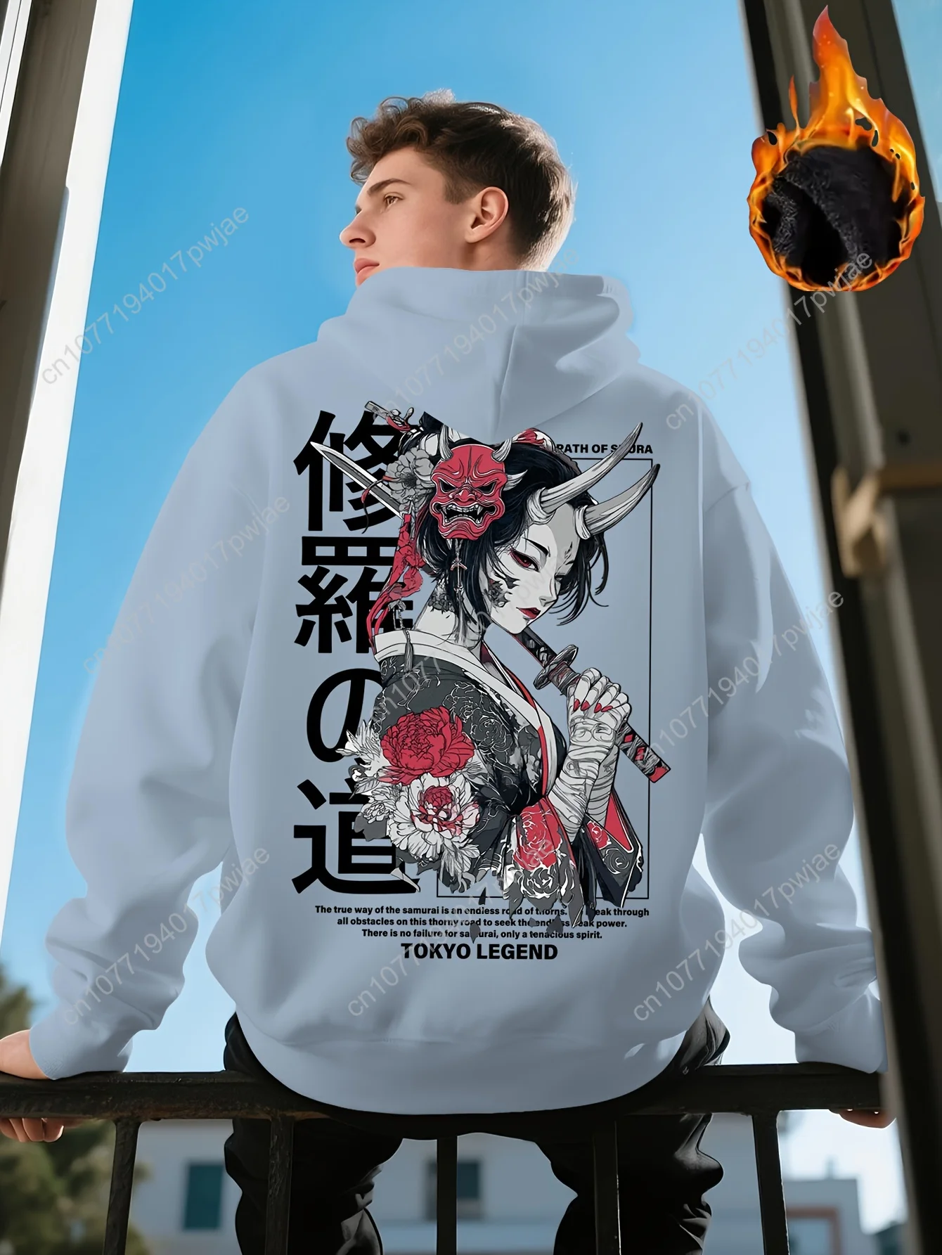 Sweat-shirt à capuche avec motif de guerrier samouraï pour hommes, style streetwear Y2K avec fleurs de cerisier et imprimé Katana, ample
