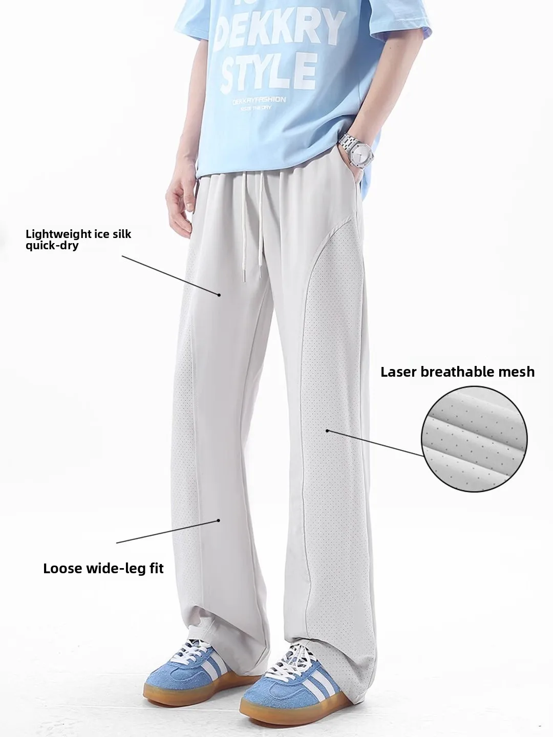 

Легкие дышащие мужские летние тонкие быстросохнущие спортивные брюки из ледяного шелка, американского стиля, с косым кроем, повседневные расклешенные брюки