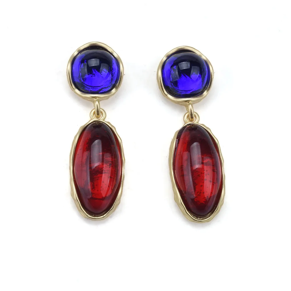 

2024 New Boho Ethnic Red Blue Resin Water Drop Statement Dangle Earrings Women Indian Vintage Golden Metal Long Earring Jewelry