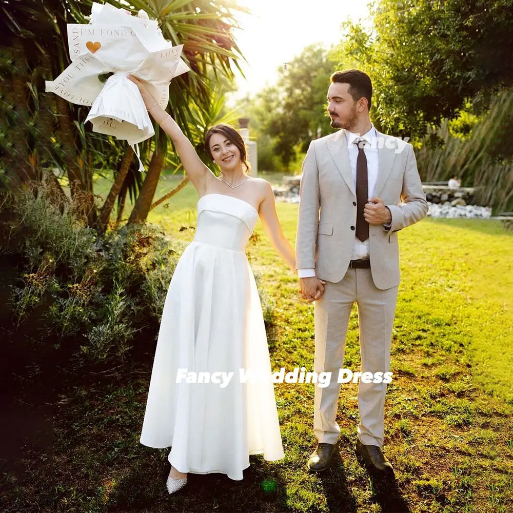 

Fancy Simple Strapless Wedding Dress A Line Soft Satin Bridal Gown Floor Length Back Zip vestidos de novia Customized