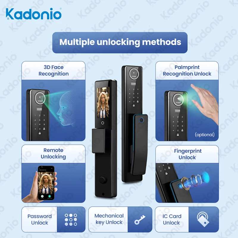 Kadonio Factory Price Fully Automatic Camera Digital Lock Video Call Function WiFi Smart Remote Lock with Facial Recognition