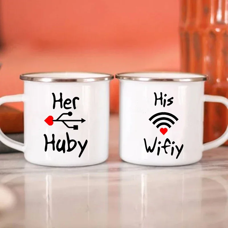 His Wifiy  Her Huby Funny USB WIFI Print Funny Couple Mug Coffee Vintage Enamel Cup Husband and Wife Wedding Valentine Day Gift