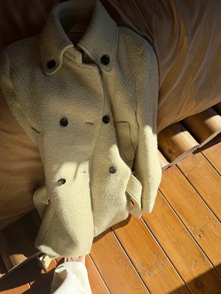 Coreano sle casaco de lã feminino duplo abotoado cintura-conchação ort casaco calor faion 2025 novo sle fibra de poliéster