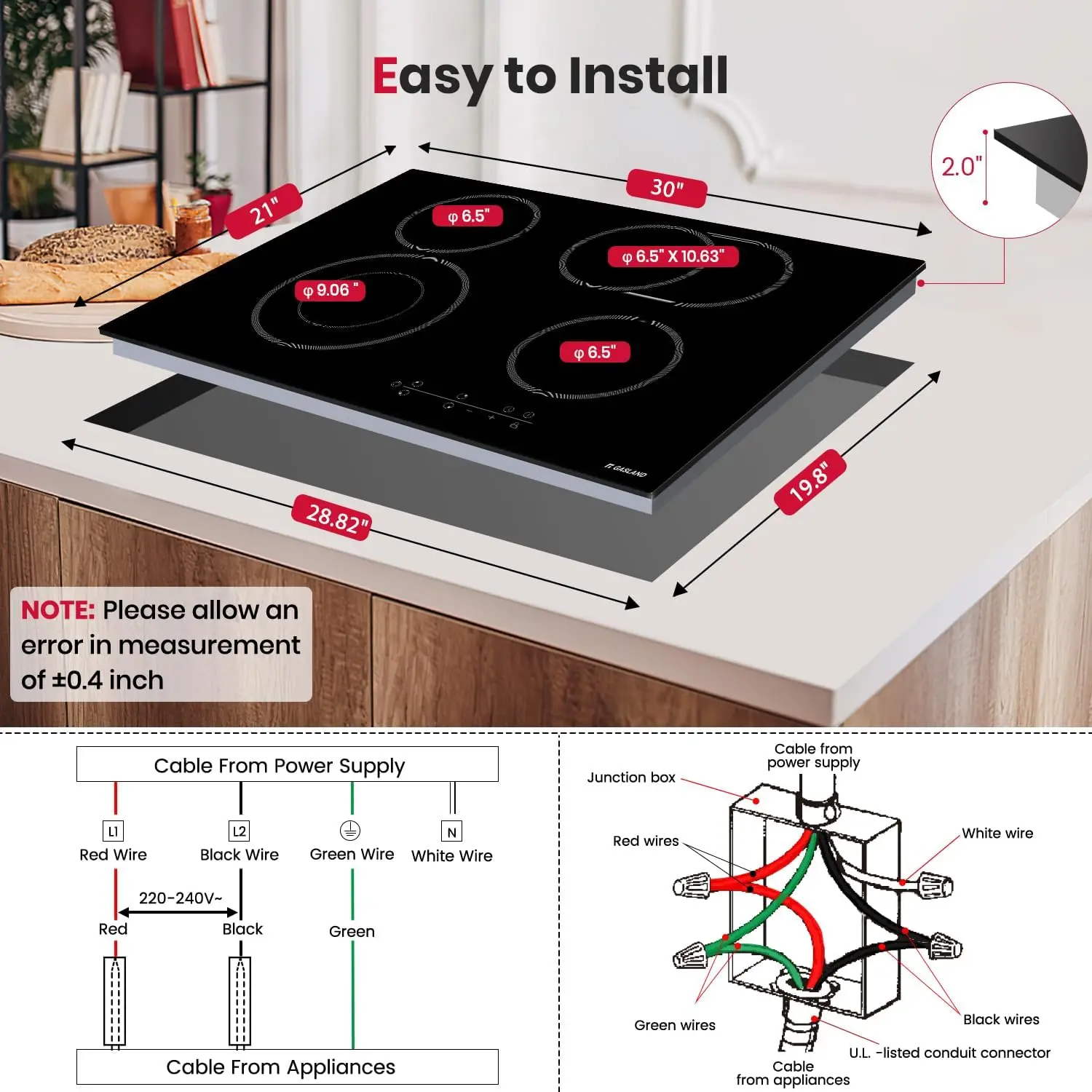 30 Inch, 6600W Electric Radiant Cooktop CH77BF Drop-in 4 Cooking Zones Ceramic Cooktop with 9 Power Levels, Sensor Touch Control