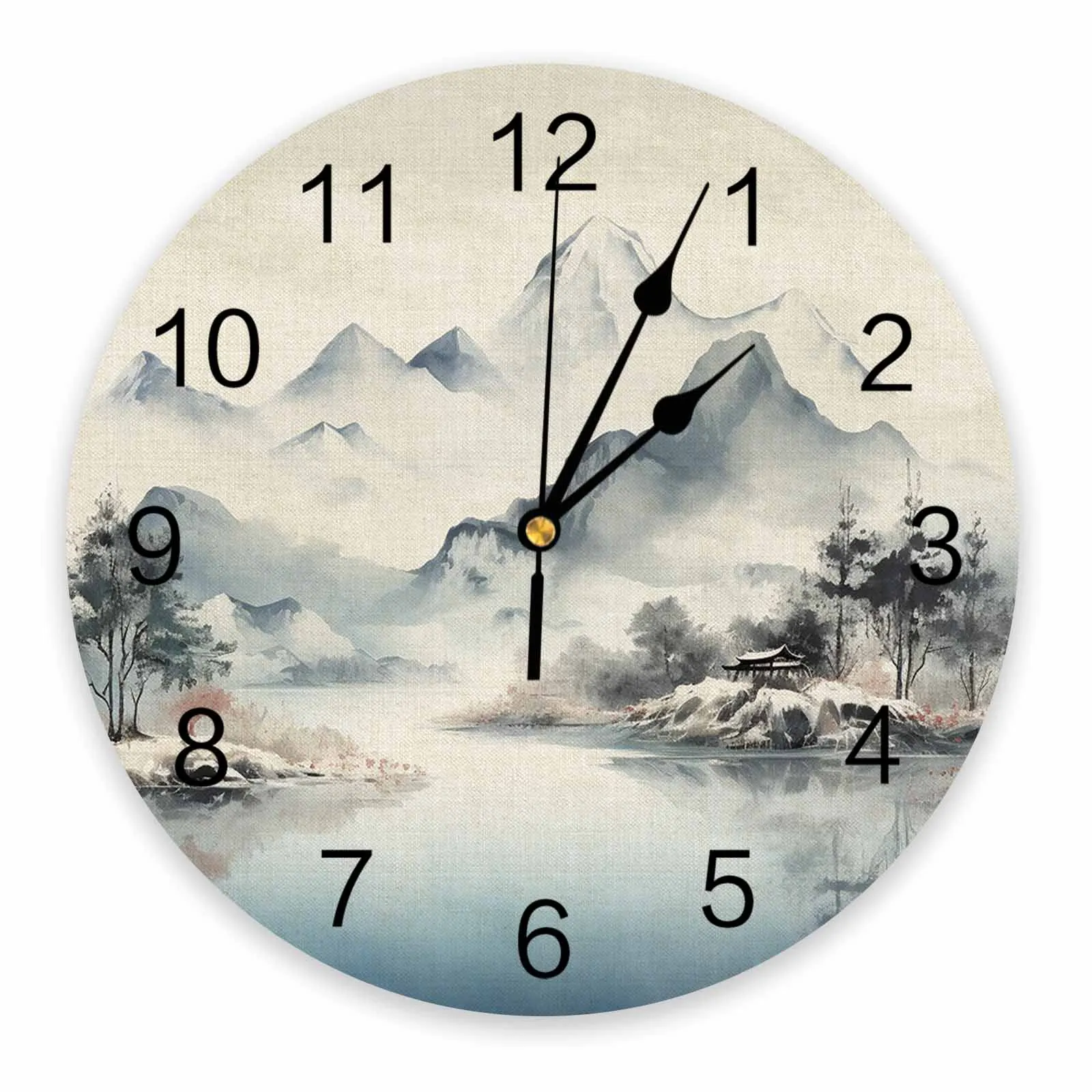 Landscape Mountains Water Trees Watercolors Printed Wall Clock Modern Silent Clock Living Room Home Decor Wall Hanging Watch