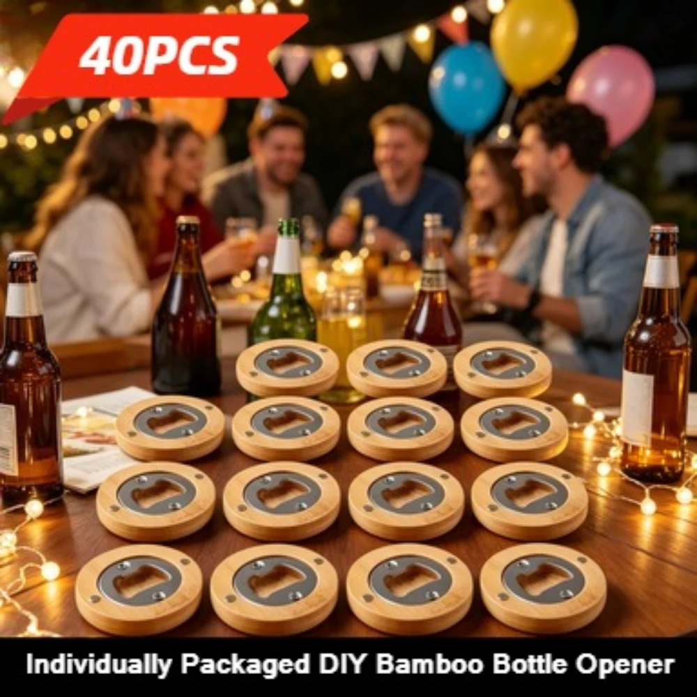 40pcs Individual Packing DIY Blank Bamboo Bottle Opener with Fridge Magnet  Perfect for Wedding Gifts DIY Engraving Printing
