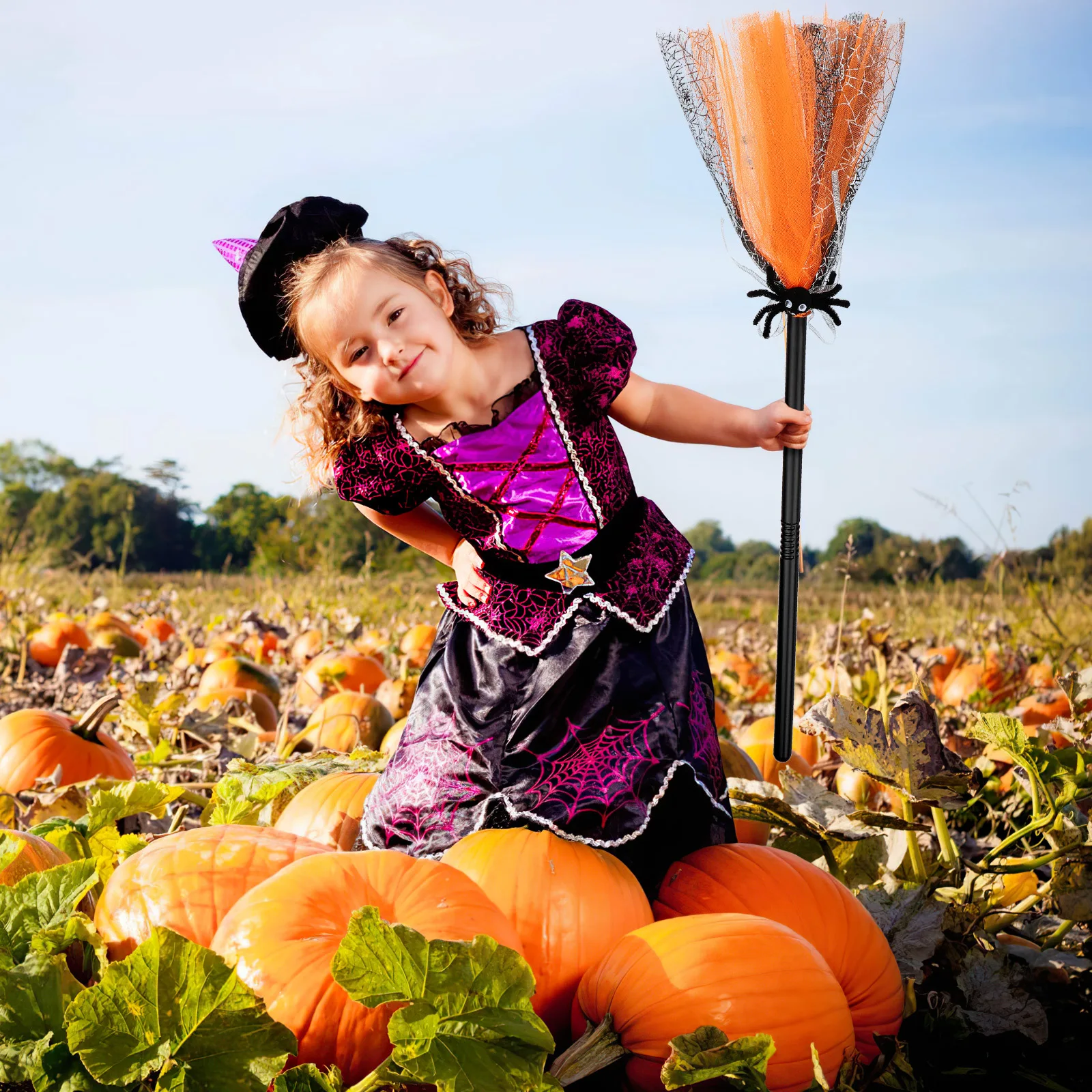 Lekki fioletowy rekwizyt w kształcie miotły czarownicy, akcesorium do kostiumu, dekoracja na przyjęcie dla dzieci, miotła dla małej dziewczynki, artykuły na Halloween.