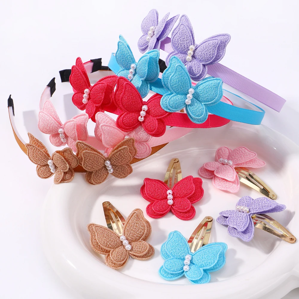 (Headband+Hair Clip)girls Delicate Hair Band Hair Clips Set Solid Butterfly Imitation Pearl Hair Hoop BB Clip Headwear Gift Sets