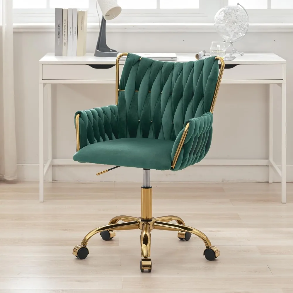 

"elegant upholstered swivel desk chair on wheels with gold accents and adjustable height"